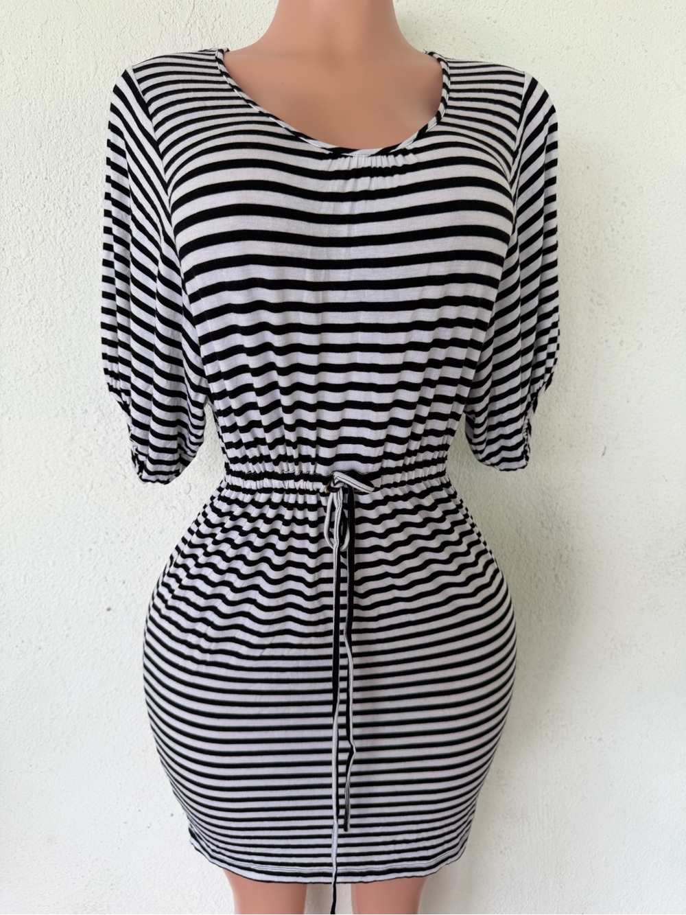 Calvin Klein Black & White Striped Drawstring Waist Mini Dress